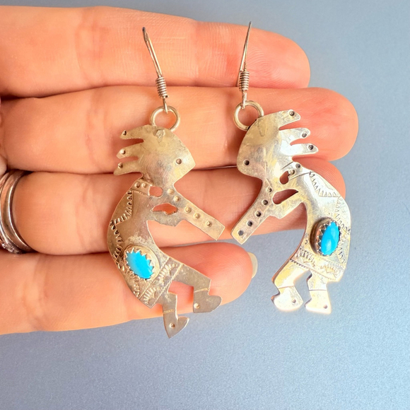 Native American Navajo Louise Yazzie Kokopelli Flute Turquoise 1.75" Earrings - Picture 5 of 6